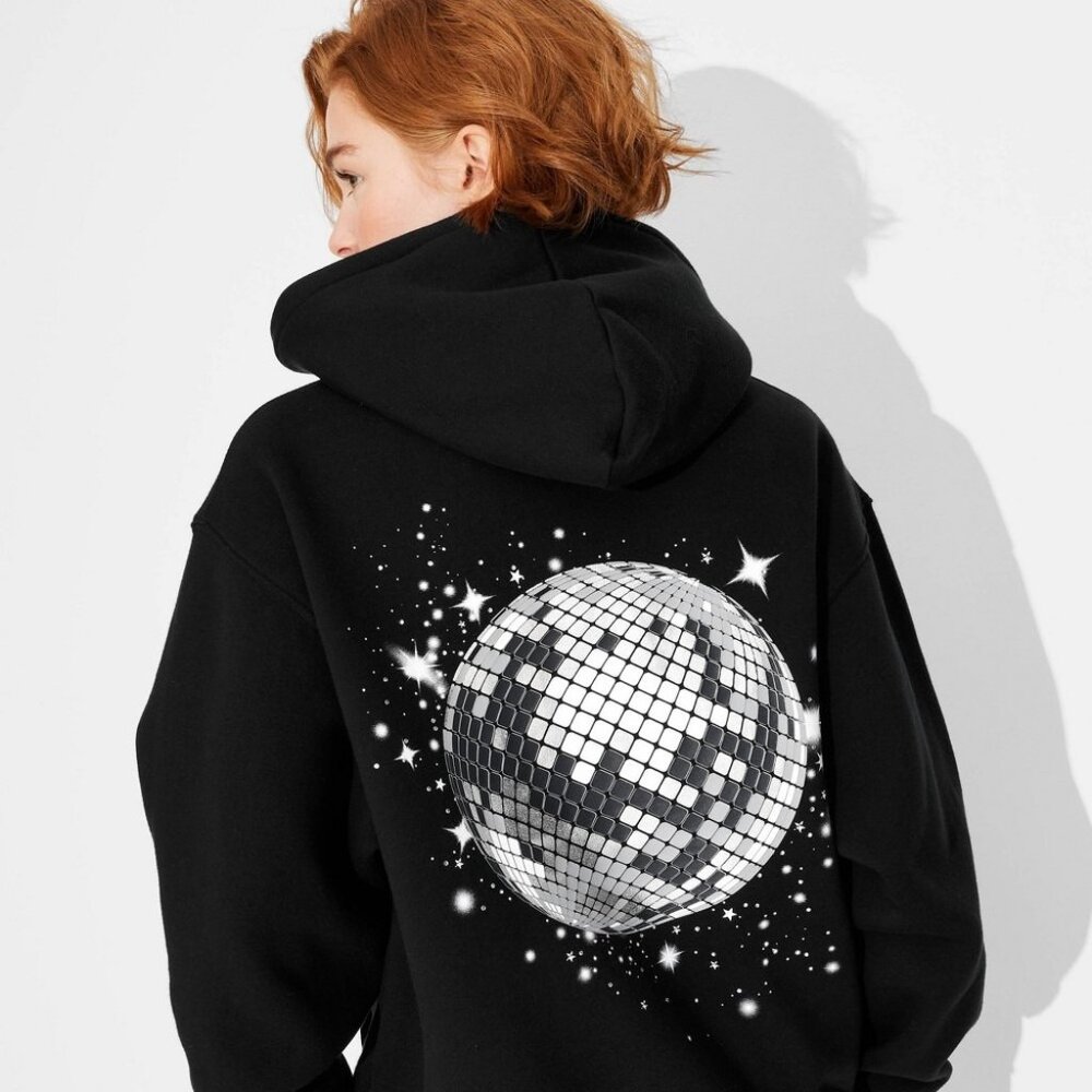 Wild Fable Women Small Oversized Perfect Hoodie Sweatshirt Black Disco Ball 328